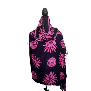 Koko Knot Black Red Southwest Tribal Rayon Scarf Wrap Sarong 62” x 44” w Fringe
